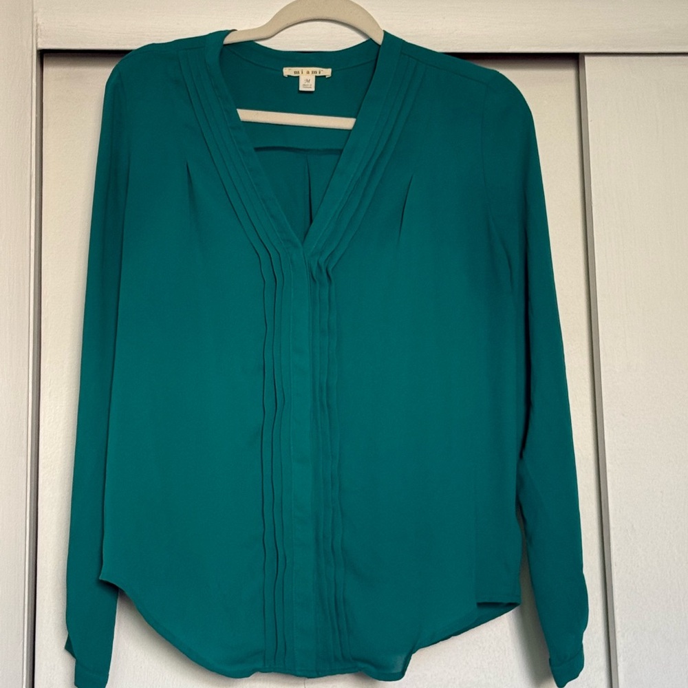 Teal V-Neck Pleated Women's Top